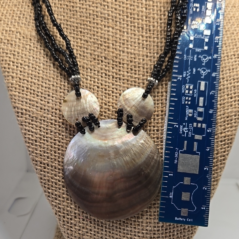 Hand Crafted Black Beaded Shell Pendant Necklace Pre-loved
